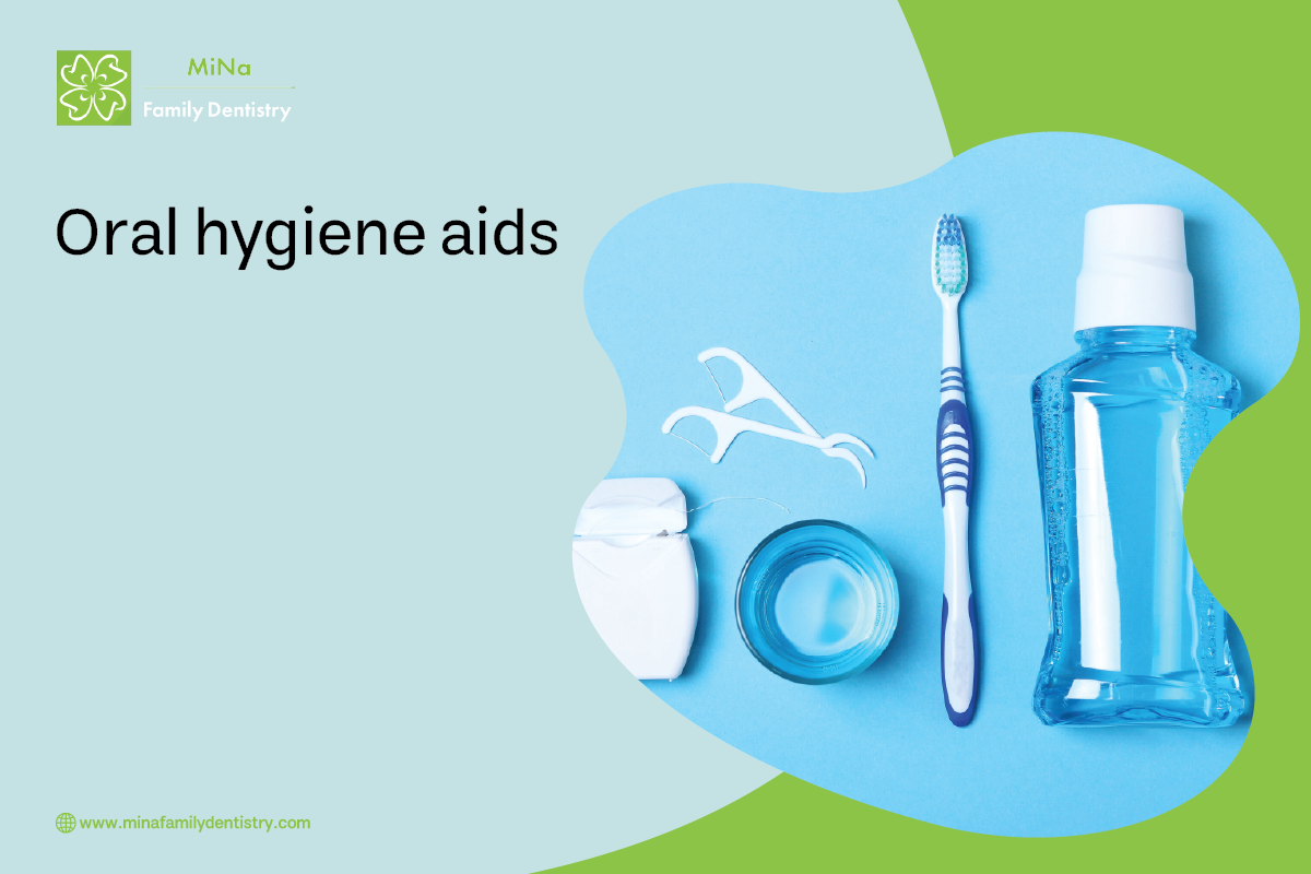 Variety of oral hygiene tools including electric toothbrush, floss, and mouthwash