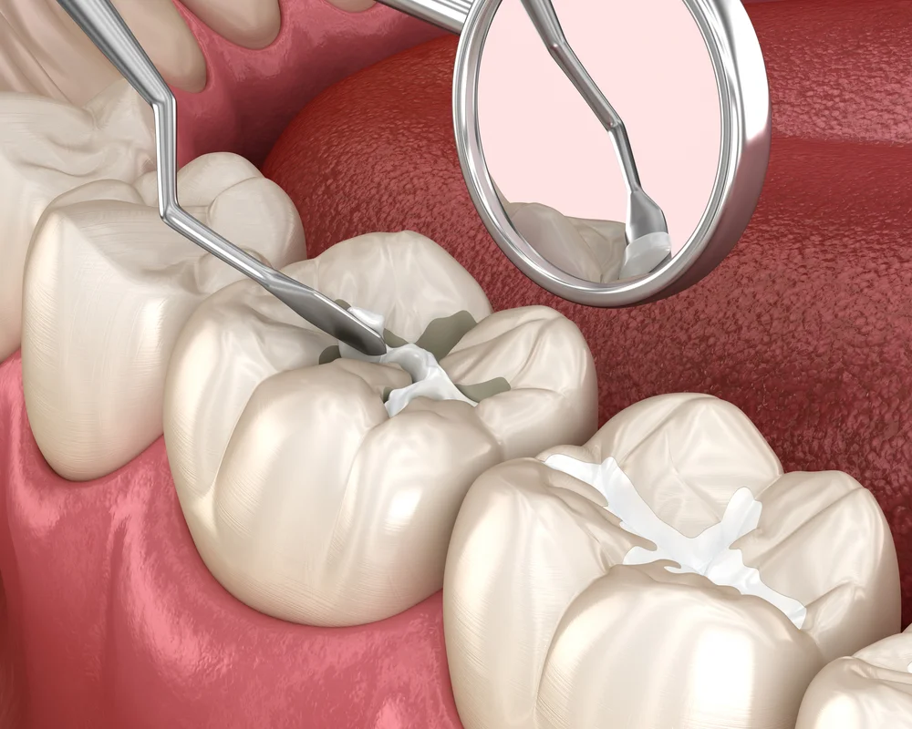 3D illustration of dental sealant being applied to protect a child's molar from cavities